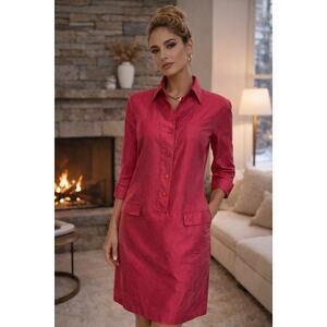 Teri Jon 100% Silk Pink Shirt Dress Button Front 3/4 Sleeve Size 4